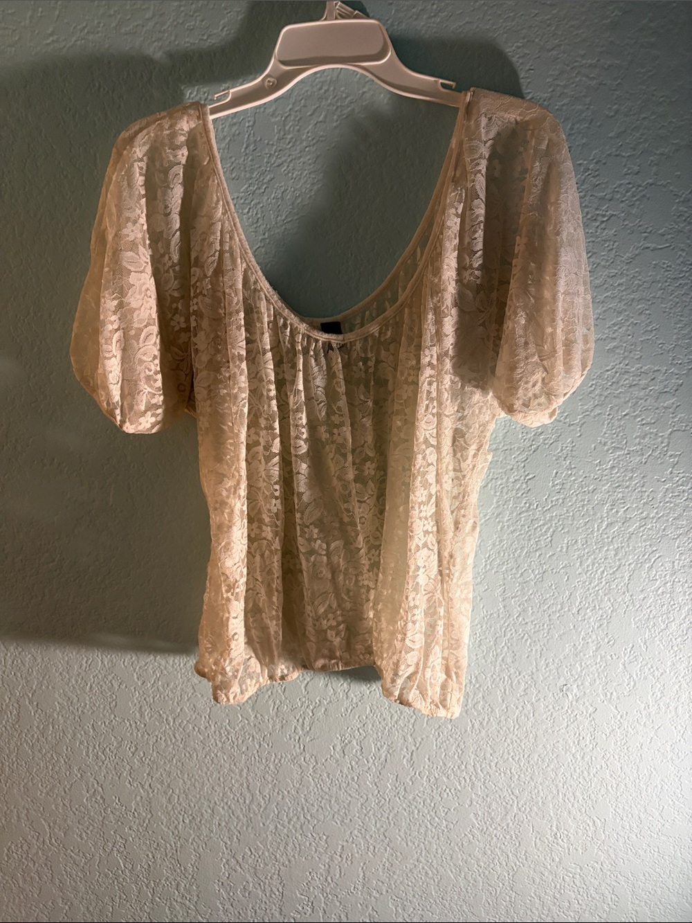 Windsor Sheer Lace Puff-Sleeve Blouse in Cream